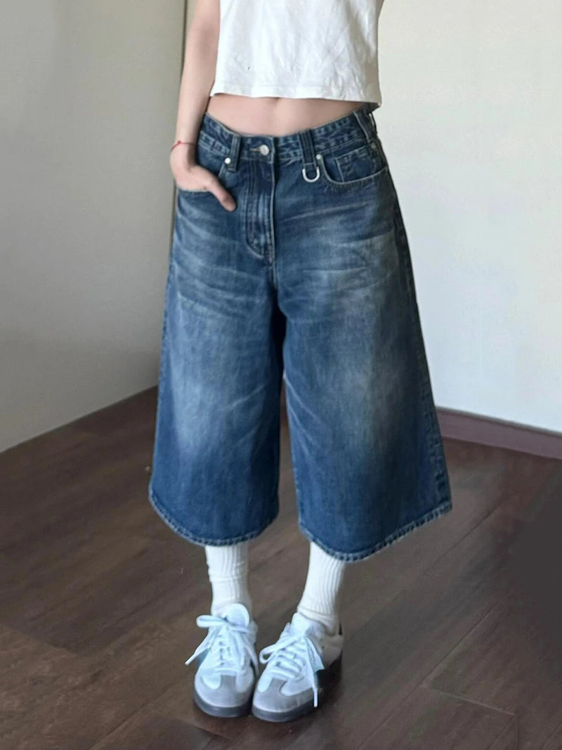 2024 Vintage Wash Whiskers Denim Shorts Mulheres Cintura Baixa Desgastado Desfiado Perna Larga Jeans Baggy Jorts Roupas Casuais de Verão