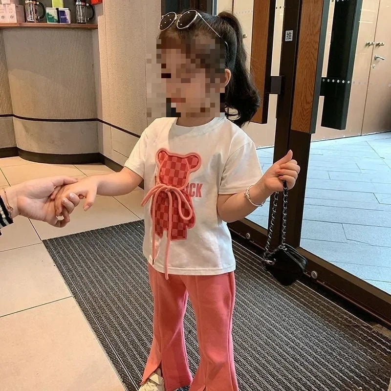Conjunto de roupas de verão para bebês meninas Camiseta de urso dos desenhos animados infantil e calças largas Terno Crianças de manga curta Top Bottom Tracksuit