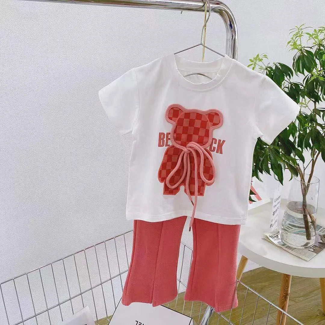 Conjunto de roupas de verão para bebês meninas Camiseta de urso dos desenhos animados infantil e calças largas Terno Crianças de manga curta Top Bottom Tracksuit