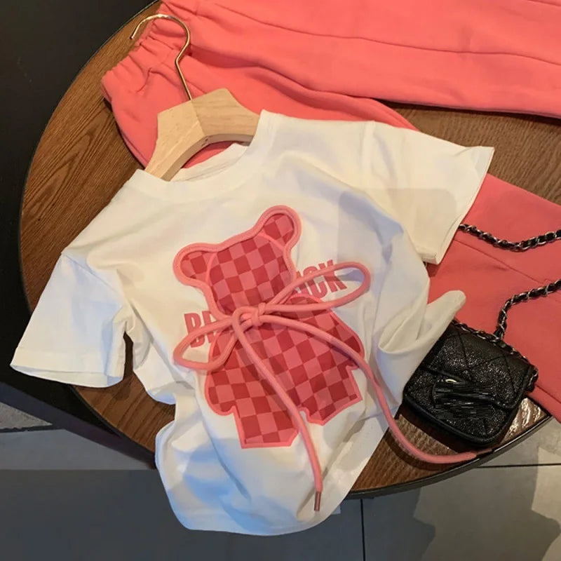 Conjunto de roupas de verão para bebês meninas Camiseta de urso dos desenhos animados infantil e calças largas Terno Crianças de manga curta Top Bottom Tracksuit