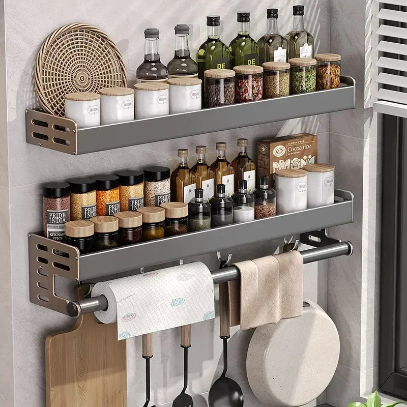 Elegante rack de condimentos de cozinha montado na parede com caixa de armazenamento Suporte multifuncional para utensílios domésticos com dispensador de vinagre de óleo