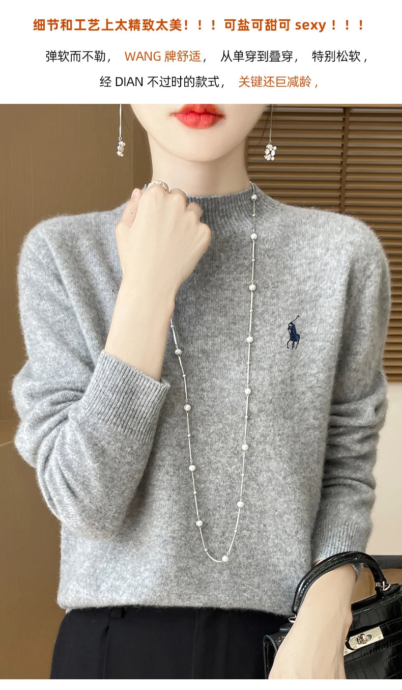 2025 Outono/Inverno Feminino Novo Moletom Com Capuz De Caxemira Elegante Bordado Meio Alto Gola Macia Caxemira Explosiva100% Lã Australiana