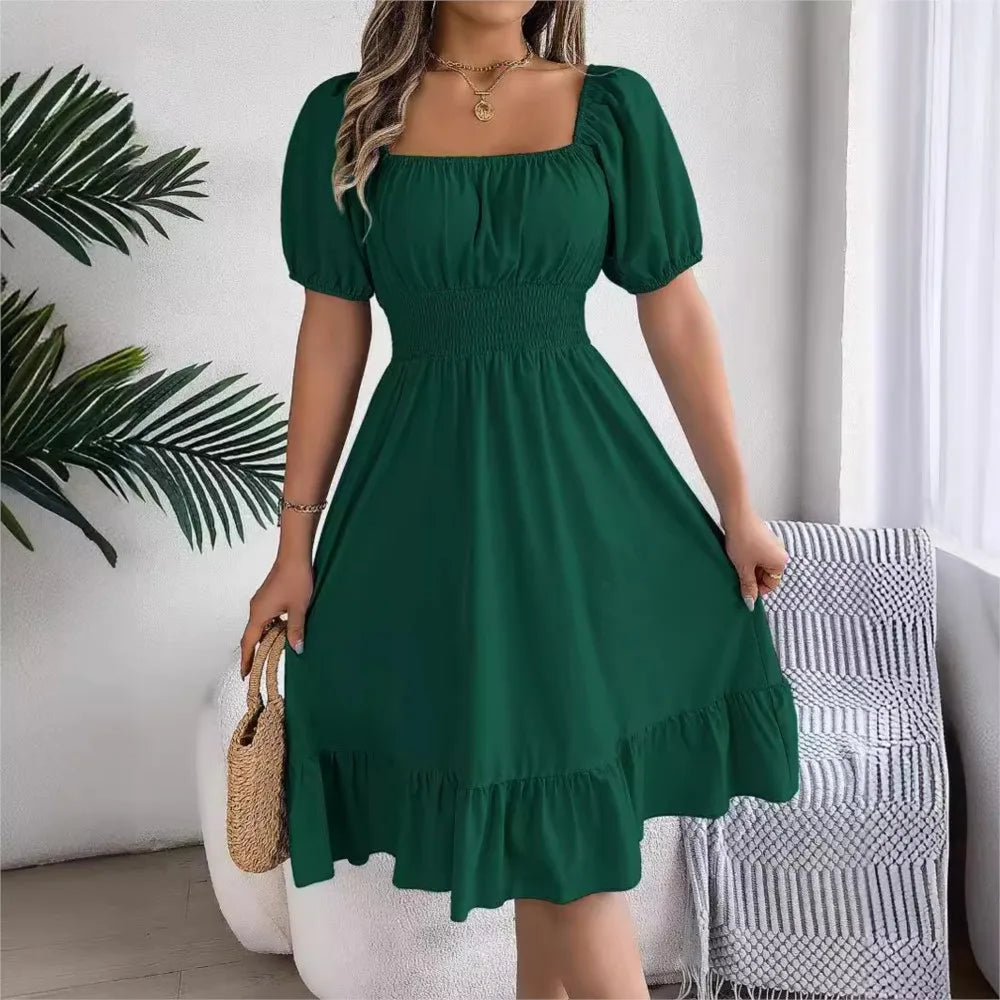 Mulheres Vestidos Pequenos 2024 Verão Casual Decote Quadrado Manga Curta Cintura Vestido de Borda com Babado Mulheres Elegante