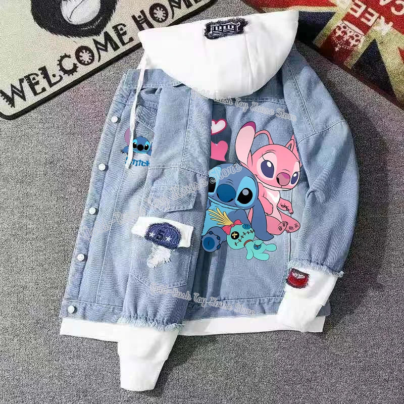Lilo&stitch Hip Hop Jaquetas Jeans com Capuz para Homens Roupas Femininas Outono Inverno Jaqueta Masculina Patchwork Jaqueta Jeans Streetwear Roupas