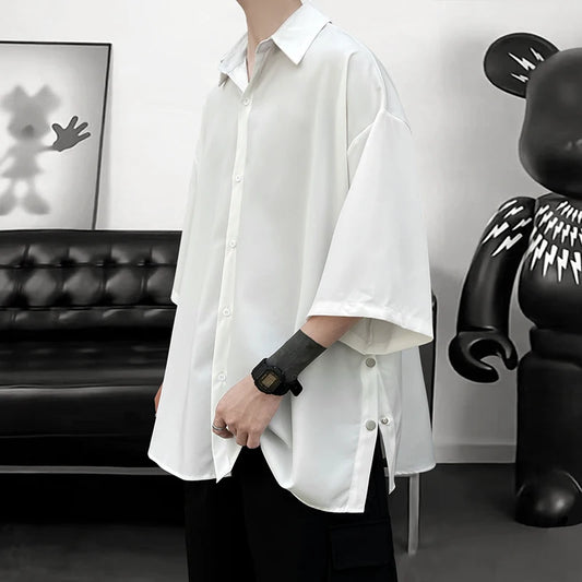 Camisa de manga curta de verão para homens de grandes dimensões preto branco camisa streetwear coreano solto camisas de seda de gelo dos homens camisa casual m-3xl