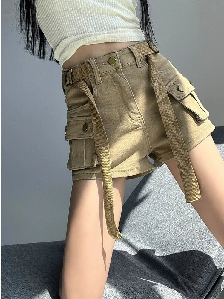 Shorts jeans de bolso grande para mulheres elásticas finas 2024 novas calças cargo curtas de cintura alta primavera/verão para meninas legais calças jeans quentes