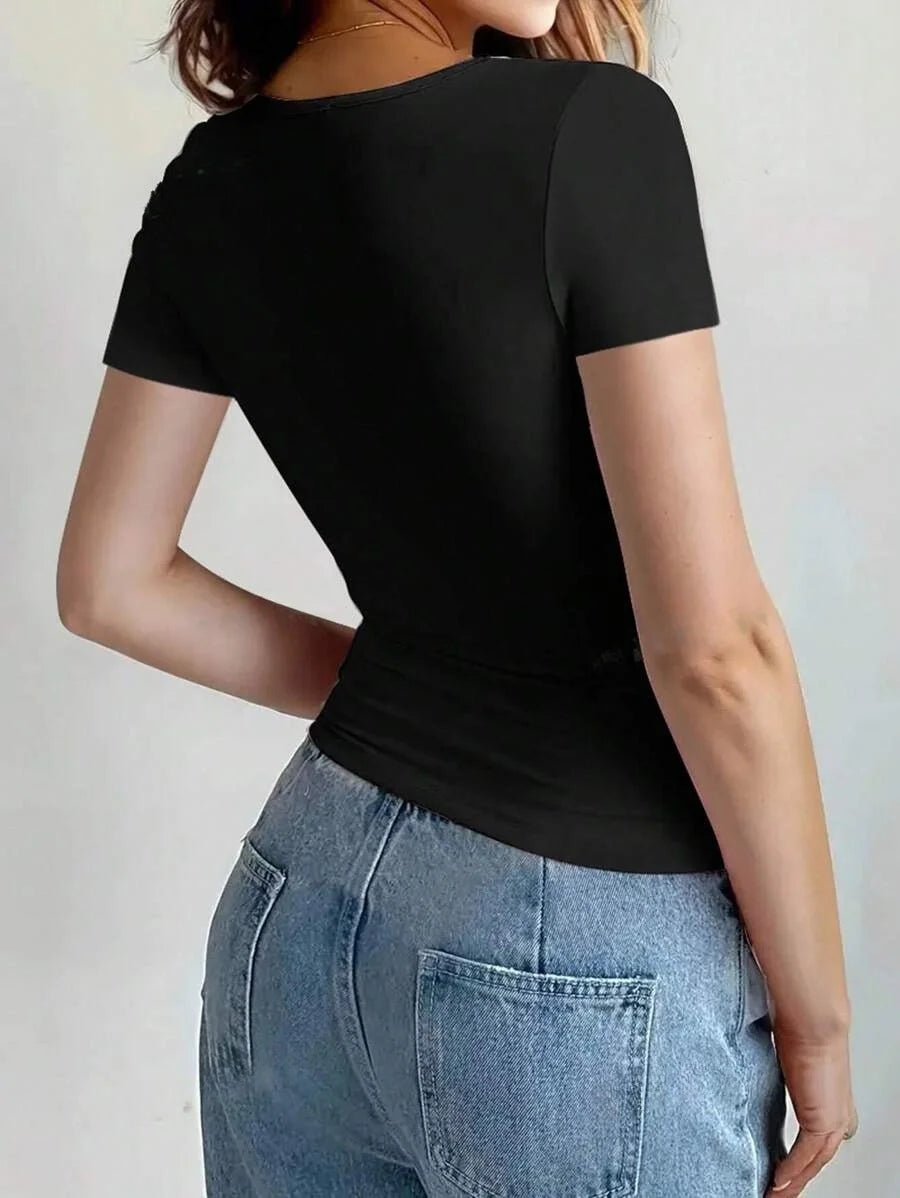 Camisetas Femininas Básicas Decote Redondo Manga Curta Tops Curtos Tops Fofos de Verão Camisetas Slim Fit Y2k Roupas 2024