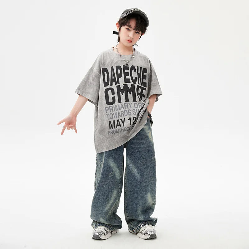 Meninas Meninos Hip Hop Dança de Salão Trajes 4 Crianças Cinza Camiseta Azul Denim Jeans Calças Jazz Dança Roupas Criança Palco Dancewear
