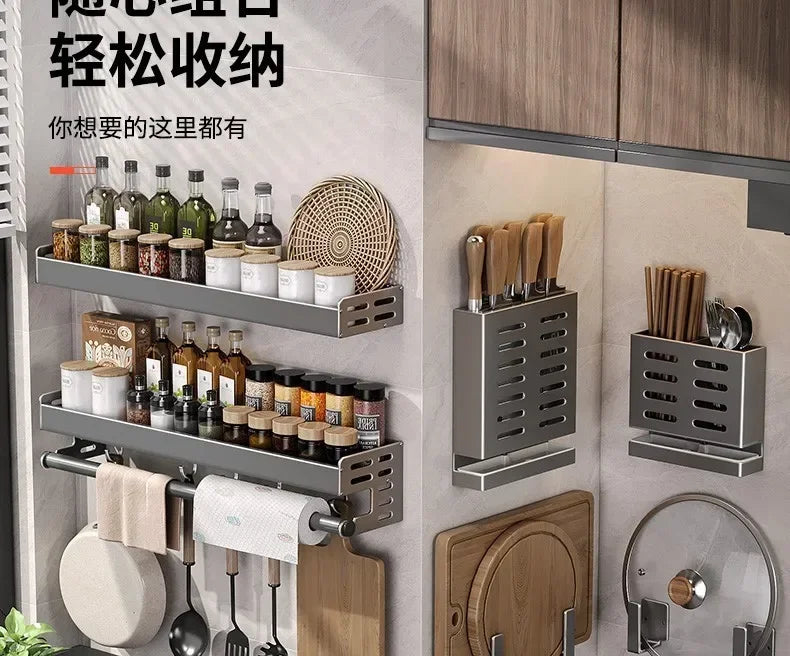 Elegante rack de condimentos de cozinha montado na parede com caixa de armazenamento Suporte multifuncional para utensílios domésticos com dispensador de vinagre de óleo
