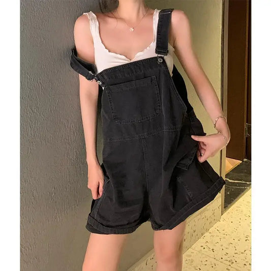 Macacões Denim Curto Para As Mulheres Baggy Vintage Preto Estilo Coreano Verão Moda Casual Cintura Alta Lavado Em Linha Reta Shorts Jeans