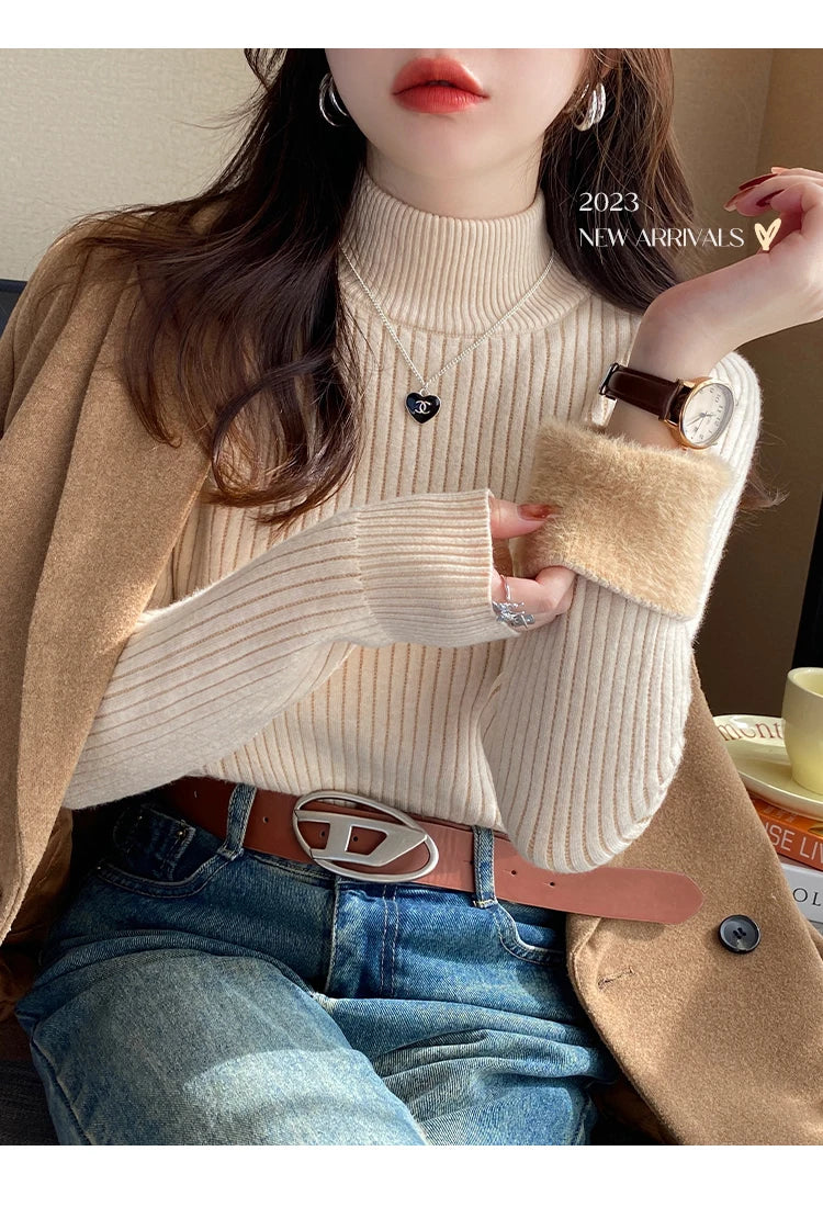 Suéter de gola alta feminino inverno 2025 vermelho retrô com forro de veludo engrossado desgaste interno tricô térmico camisa de assentamento