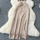 SINGREINY Verão Suave Malha 2 pcs Conjuntos Mulheres Halter Sem Mangas Camis + Bodycon Split Saia Com Cordão Oco Out Ternos De Férias