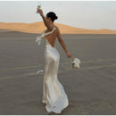 Sexy fita branca de seda cetim estilingue vestido para as mulheres elegante swing colarinho backless vestidos longos 2025 mulheres novo praia férias robe