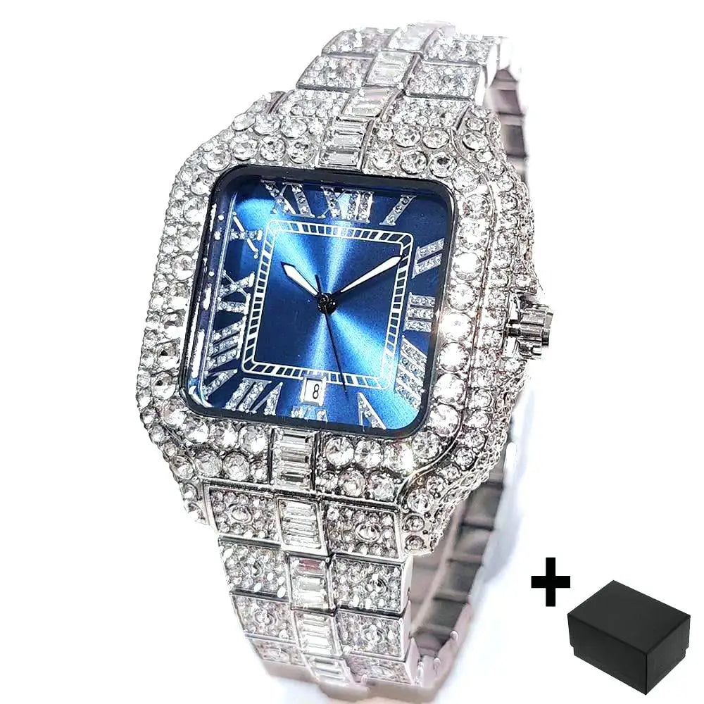 UNIGUET Relógio de Quartzo Azul Para Homens Moda Praça Iced Out Relógio Homem Hip Hop Diamante Jóias Relógio de Pulso Rock Boy Reloj Hombre