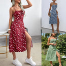 Roupas Femininas Verão 2024 Tendência Vestido Floral, Estampa de Flores Alças Finas Sem Mangas com Fenda Alta para Senhoras