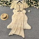 SINGREINY Verão Suave Ternos de Tricô Mulheres Botão Design Manga Curta O Pescoço Tops + Bodycon Saia Gancho Flor Oco 2pcs Set