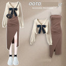 Primavera Outono Novas Suéteres de Malha Femininas Duas Peças 2025 Coreano Elegante Arco Cardigan Strap Saia Conjunto Correspondente Roupas Femininas