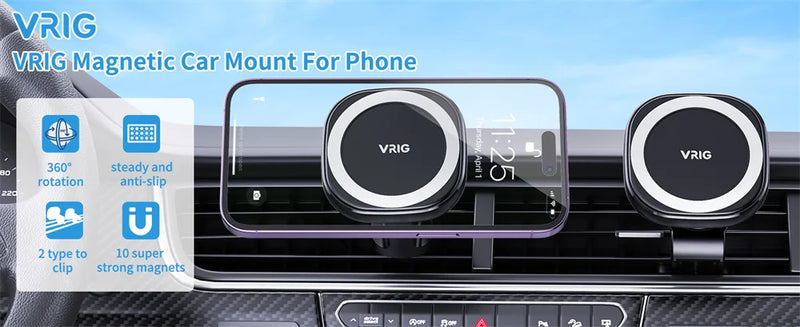 Suporte Magnético para Carro com Carregador Sem Fio VRIG para iPhone 14 13 12 Series com Carregamento Rápido na Ventoinha
