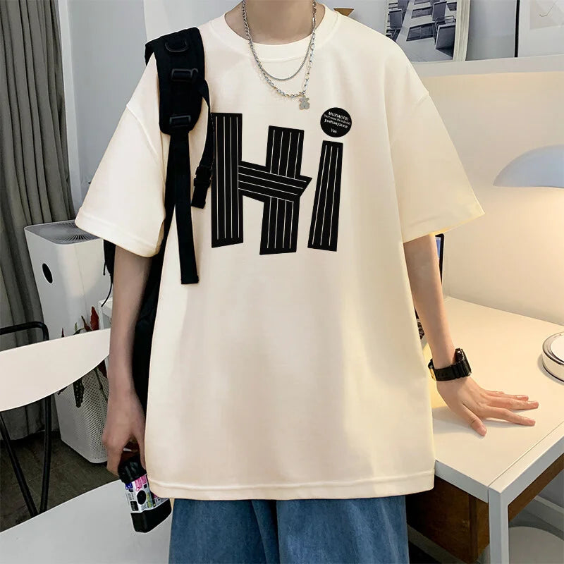 Camisetas masculinas Algodão 4XL Tamanho Grande Preto Masculino Verão Camiseta Oversized Letra Oi Impressão Casual Camisetas Roupas Masculinas