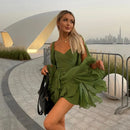 Moda Feminina Chiffon Plissado Lace Up Cintura Alta Mini Vestido Chic Verde Oco Out Manga Cheia A Linha de Vestidos Senhora Vestes de Praia