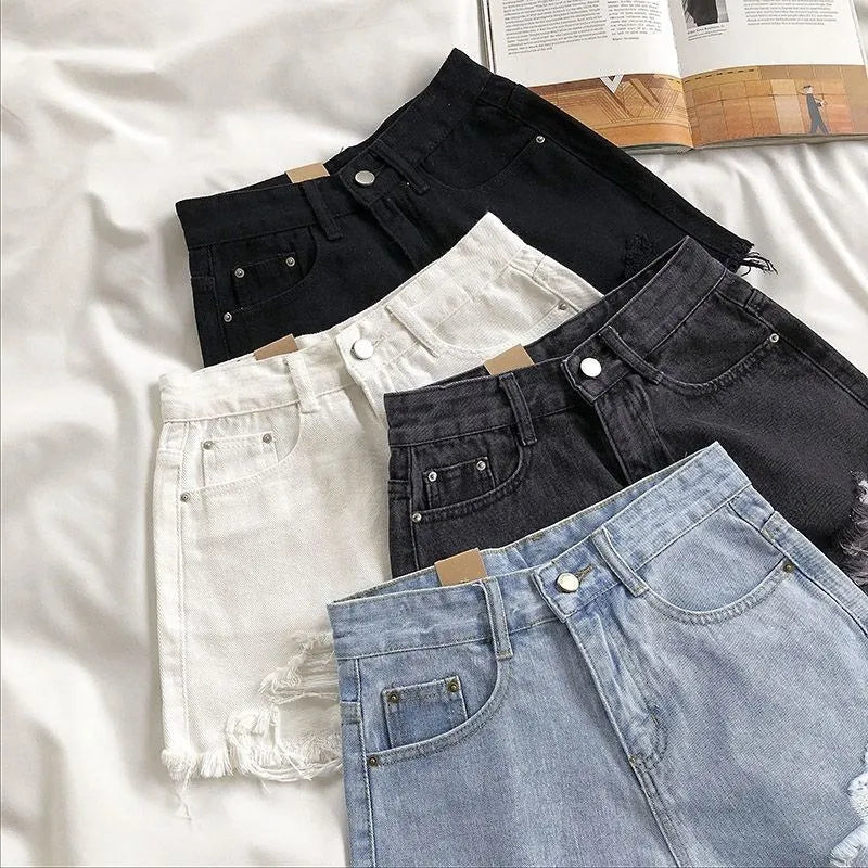 Coreano Shorts Jeans Mulheres Moda Verão Casual Cintura Alta Rasgado Jeans Bolso Borla Y2K Hot Pants Streetwear Calças Azuis