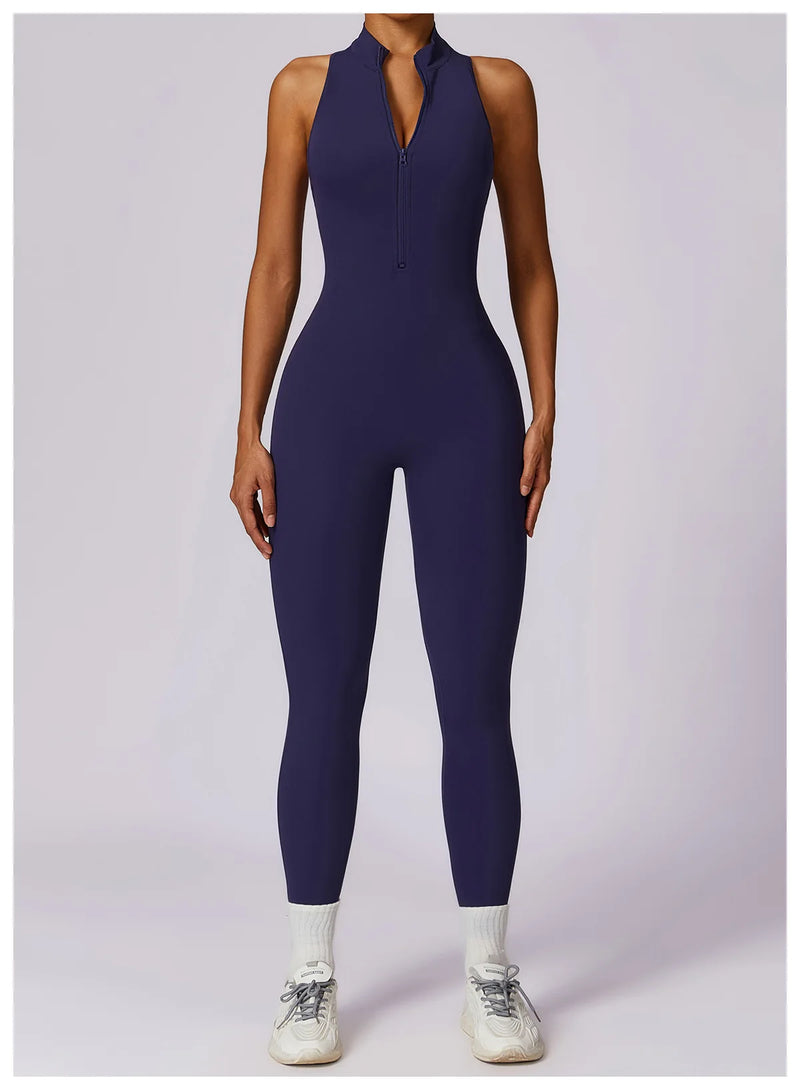 V Voltar Terno De Uma Peça Das Mulheres Macacão Esportivo Zíperes Yoga Macacão Backless Sportswear Mulheres Sleeveles Workout Bodysuits Feminino