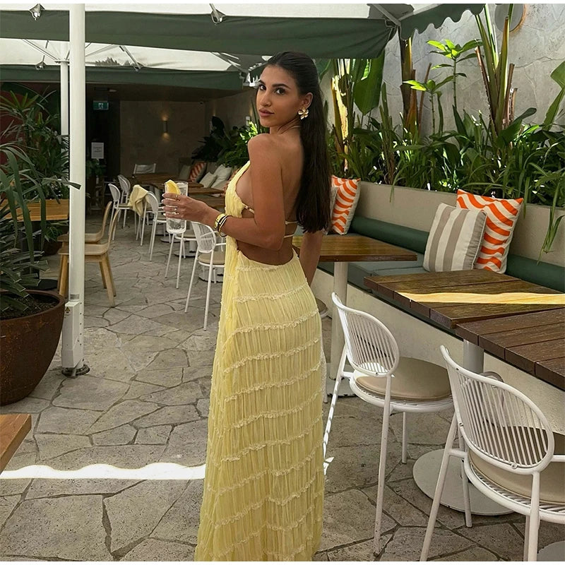 Elegante Plissado Halter Vestidos Longos Mulheres Retro Sexy Slim Sem Mangas Sem Encosto Vestido de Praia Feminino Chic Party Holiday Vestidos