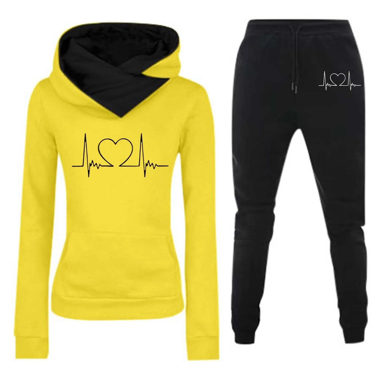 Mulheres Moletom Outono/Inverno Batimentos Cardíacos Frequência Impresso Veludo Moletom com Capuz Conjunto Casual