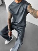 2025 Verão novo masculino moda esportiva calças casuais colete conjunto solto sem mangas T-shirt conjunto de cor sólida