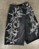 Shorts Jeans com Estampa de Grafite de Geometria Gótica Retro Americana Homens Mulheres Y2k Cintura Baixa Folgada na Altura do Joelho Jorts Curto