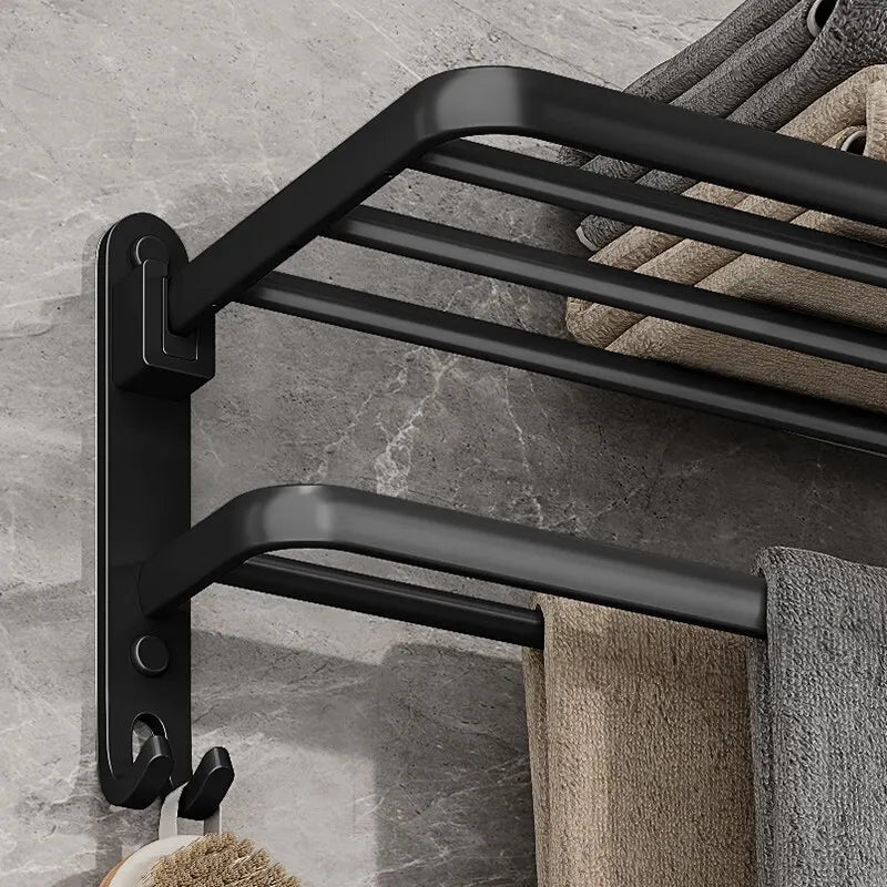 Suporte dobrável preto fosco de 50 cm com gancho suporte de toalha de montagem na parede AlumínioToalheiro