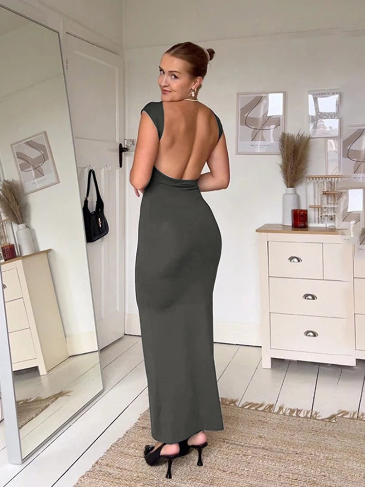 Coreano Sólido Sexy Backless Maxi Vestido Mulheres Elegante Elástico Slim Manga Curta Vestidos Longos Feminino Bodycon Streetwear Roupas
