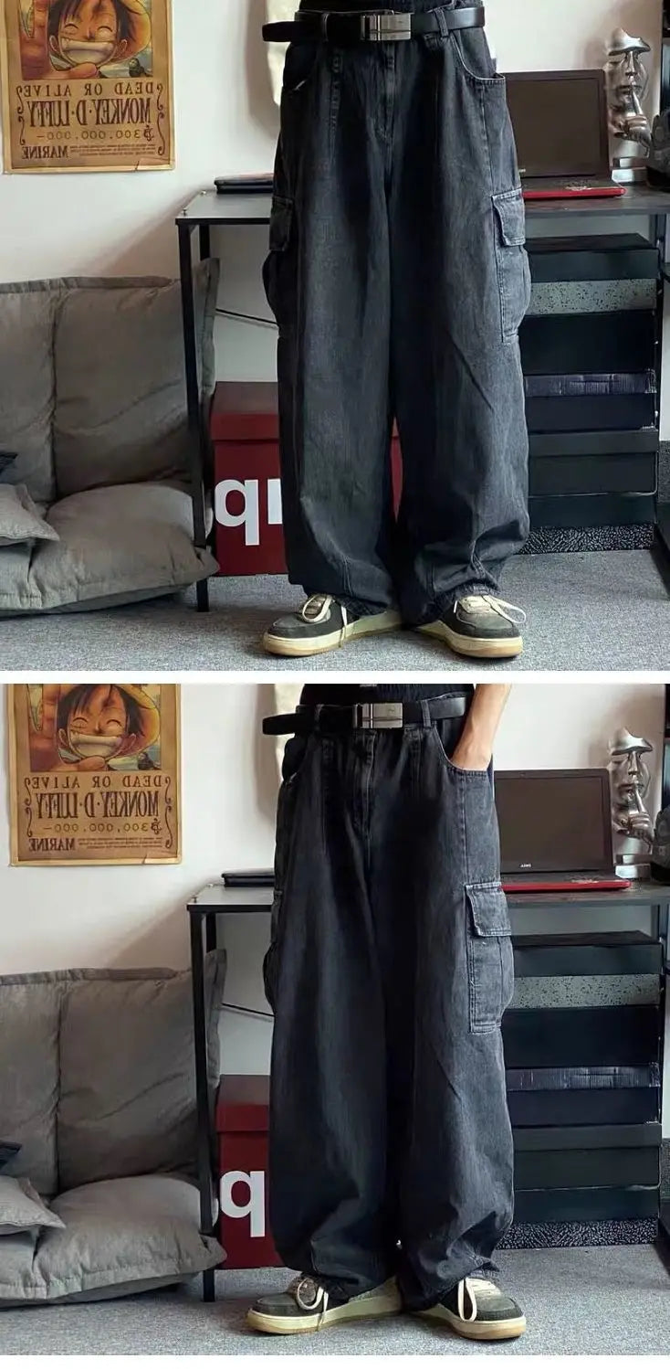 Calças Jeans Largas Calças Jeans Masculinas Calças Pretas de Perna Larga Jeans Masculinos Oversize Cargo Coreano Streetwear Hip Hop Harajuku