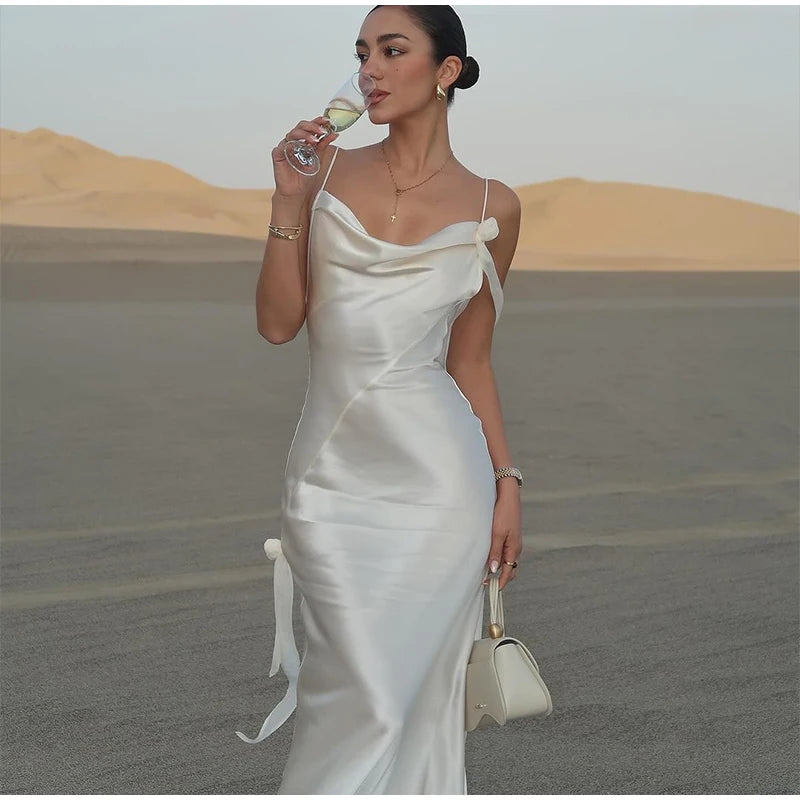 Sexy fita branca de seda cetim estilingue vestido para as mulheres elegante swing colarinho backless vestidos longos 2025 mulheres novo praia férias robe