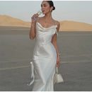 Sexy fita branca de seda cetim estilingue vestido para as mulheres elegante swing colarinho backless vestidos longos 2025 mulheres novo praia férias robe