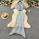 SINGREINY Verão Suave Ternos de Tricô Mulheres Botão Design Manga Curta O Pescoço Tops + Bodycon Saia Gancho Flor Oco 2pcs Set