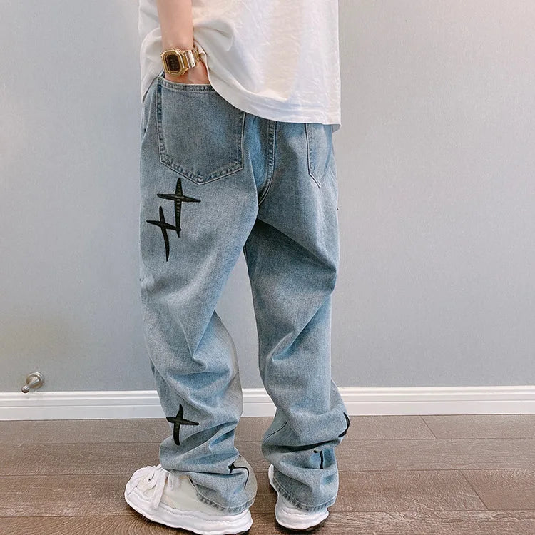 Estampas Jeans Homens 2023 Novo Streetwear Baggy Wide Leg Jeans Coreano Moda Cortinas Reta Casual Solta Denim Cargo Calças