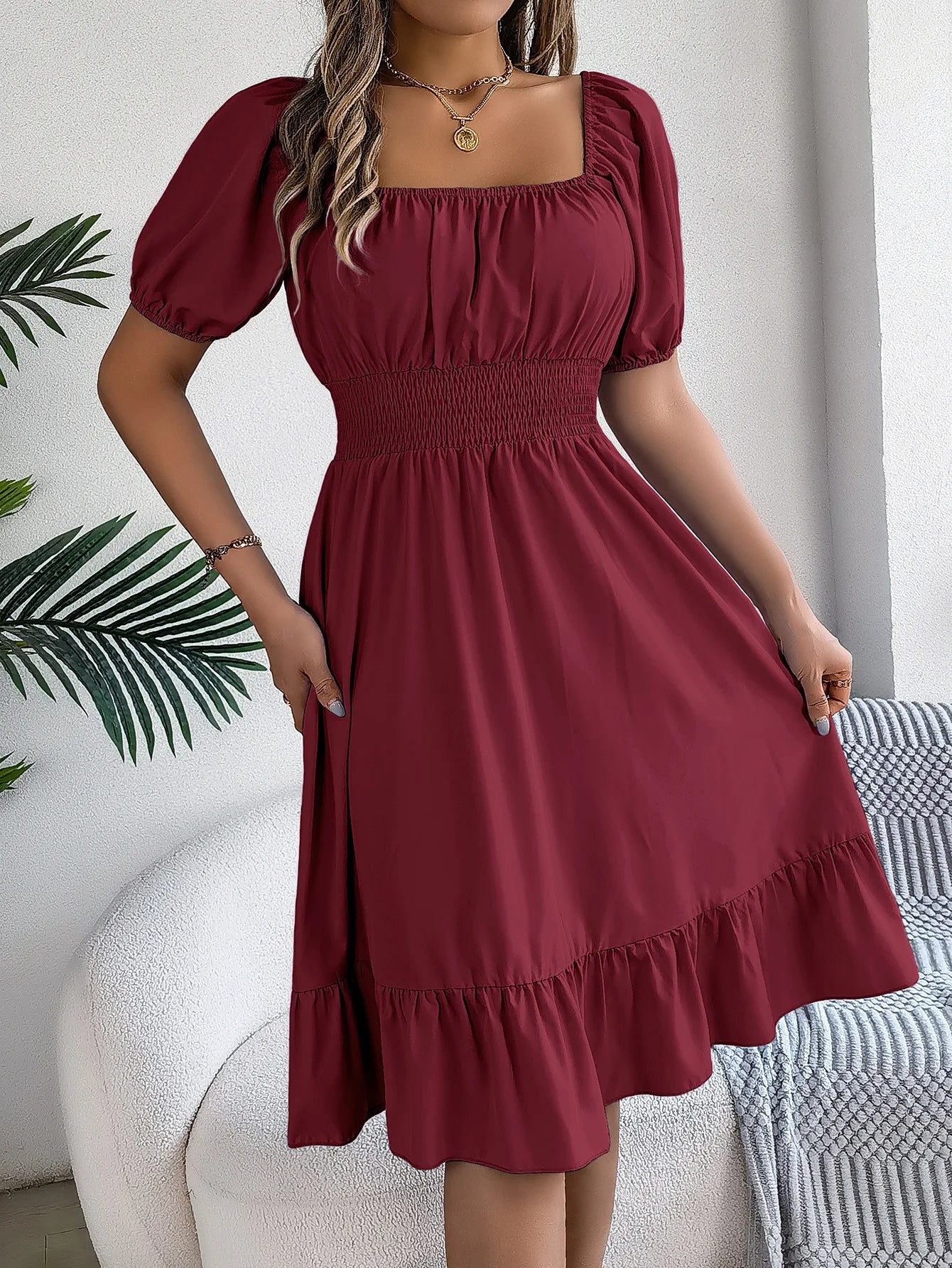 Mulheres Vestidos Pequenos 2024 Verão Casual Decote Quadrado Manga Curta Cintura Vestido de Borda com Babado Mulheres Elegante