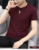 Camiseta masculina de verão estilo coreano Slim Fit de manga curta 140g blusa de poliéster suaviza sua silhueta Cor sólida Camada de base Top