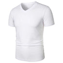 Homens Corrida Esportes Fitness Verão Novo Alto Elástico Listra Vertical Manga Curta Decote em V Slim Fit Malha Inferior Camisa Top