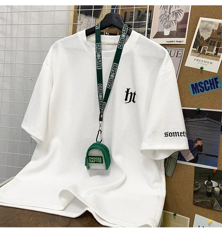Hefty Walfr Checks Estilo Japonês Ins Camiseta de Manga Curta para Homens Primavera Verão Juventude Oversize Gola Redonda Meia Manga