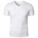 Homens Corrida Esportes Fitness Verão Novo Alto Elástico Listra Vertical Manga Curta Decote em V Slim Fit Malha Inferior Camisa Top