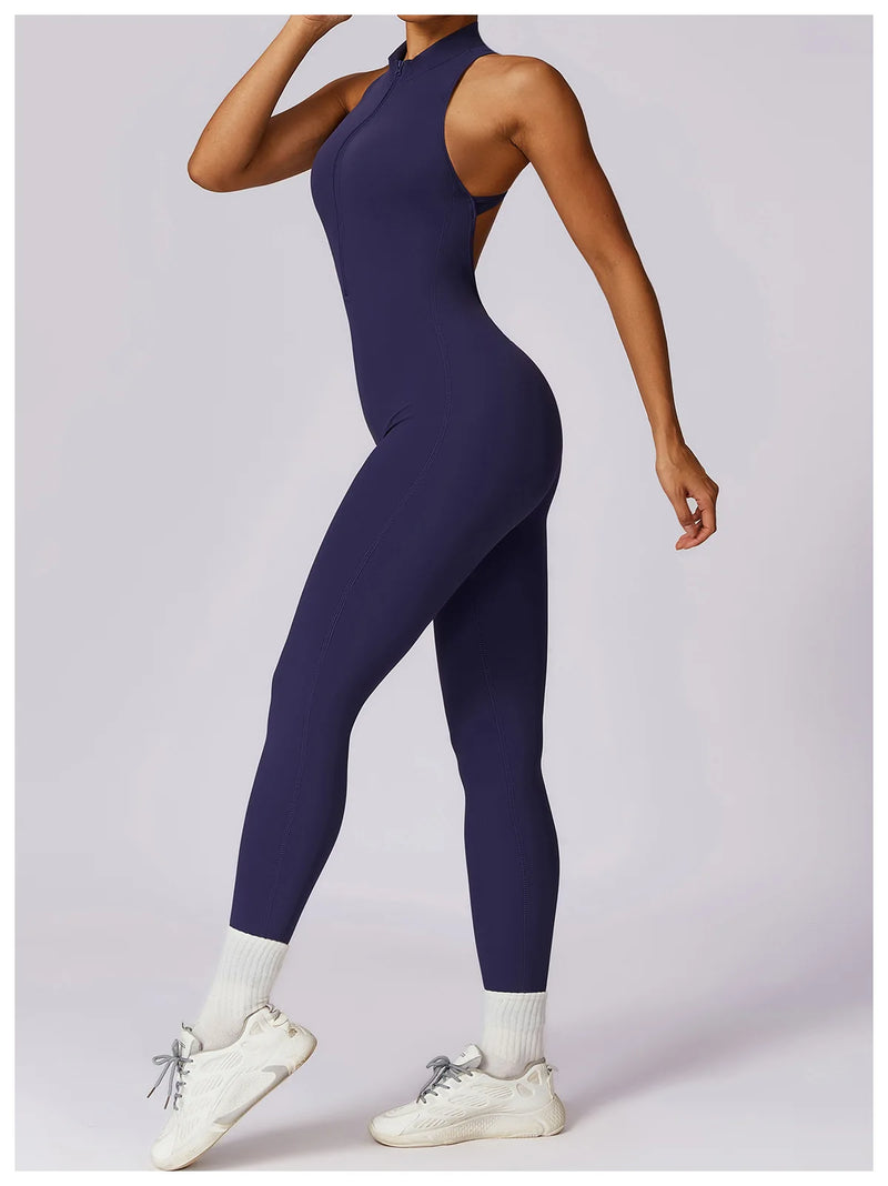 V Voltar Terno De Uma Peça Das Mulheres Macacão Esportivo Zíperes Yoga Macacão Backless Sportswear Mulheres Sleeveles Workout Bodysuits Feminino
