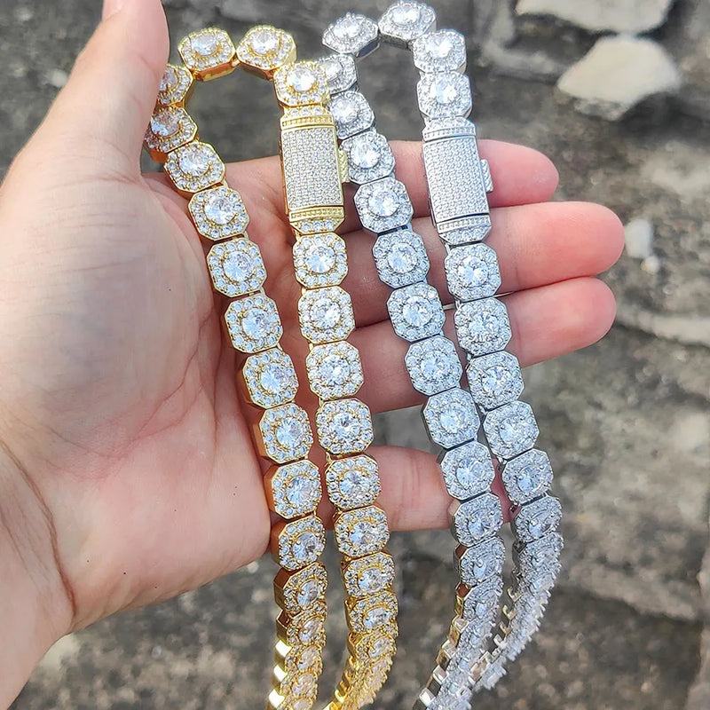 10 / 12MM Clustered Tennis Chain para Homens Colar Hip Hop Iced Out Zircônia Latão Rapper Rock Gargantilha Jóias