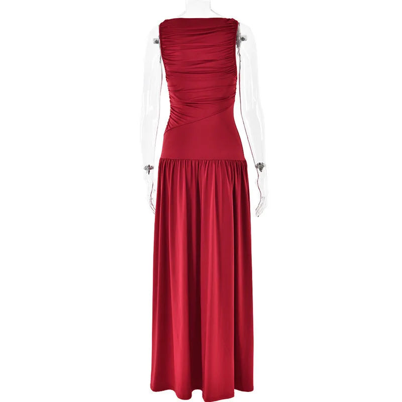 Mozision Elegante Sem Mangas Maxi Vestido Para As Mulheres Moda Sólida Barco Pescoço Tanque Vestidos Senhoras Sexy Ruched Vestido Longo Novo Vestido