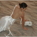 Sexy fita branca de seda cetim estilingue vestido para as mulheres elegante swing colarinho backless vestidos longos 2025 mulheres novo praia férias robe