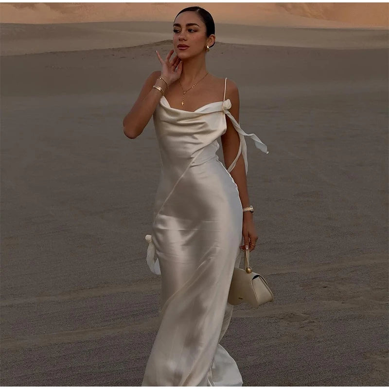 Sexy fita branca de seda cetim estilingue vestido para as mulheres elegante swing colarinho backless vestidos longos 2025 mulheres novo praia férias robe