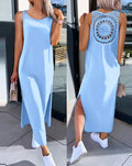 Vestidos Femininos 2024 Moda Verão Fenda Vazada Casual Tecido Decote Redondo Sem Mangas Diário Reto Vestido de Panturrilha Média