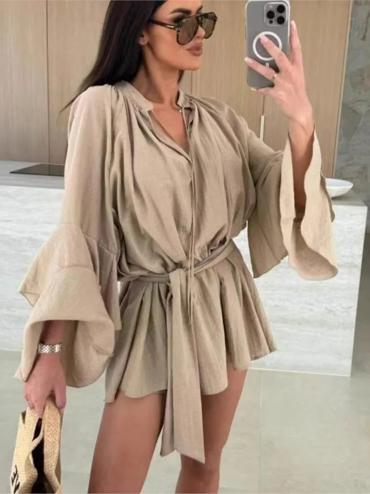 Elegante Plissado Vestido Curto Mulheres Solto Lace Up Manga Longa Flare V Neck Vestidos Feminino 2025 Primavera Oco Out Praia Robe Senhora