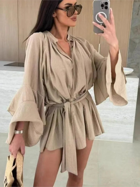 Elegante Plissado Vestido Curto Mulheres Solto Lace Up Manga Longa Flare V Neck Vestidos Feminino 2025 Primavera Oco Out Praia Robe Senhora